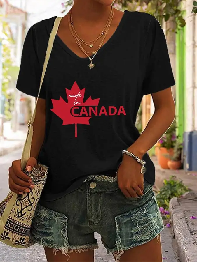 Women's Canadian Maple Leaf Print V-Neck T-Shirt