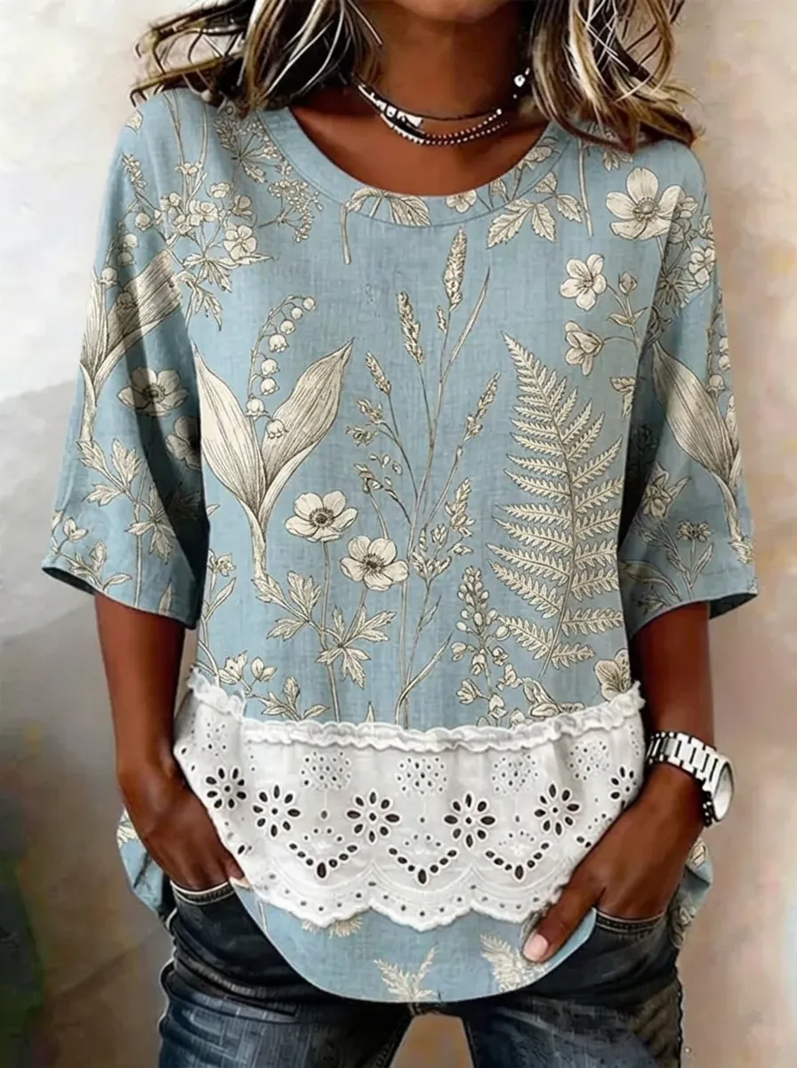 Women's Nashville Botanical Floral Lace Trim Printed Top