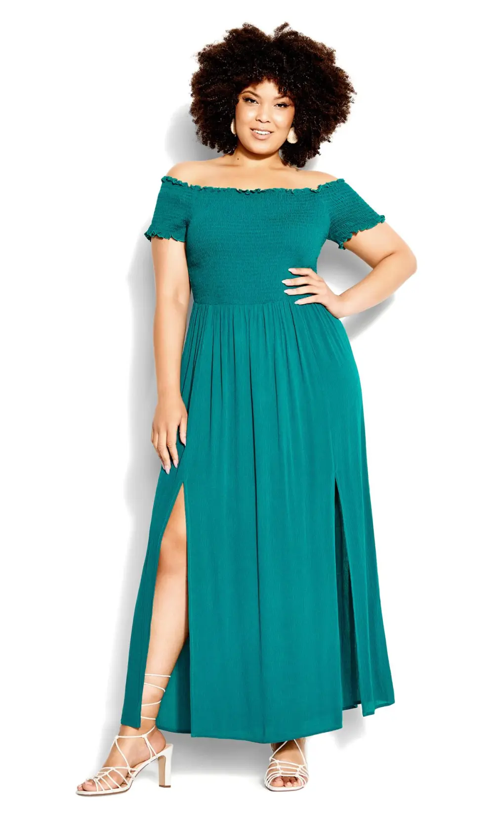 Evans Teal Green Bardot Shirred Maxi Dress