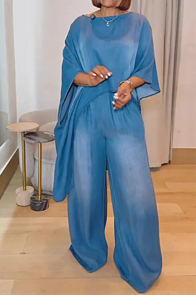 Women's Fashion Gradient Irregular Top and Pants Two Piece Set