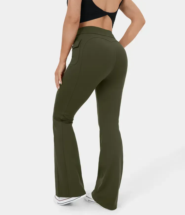 High Waisted Button Side Flap Pocket Flare Casual Cargo Pants