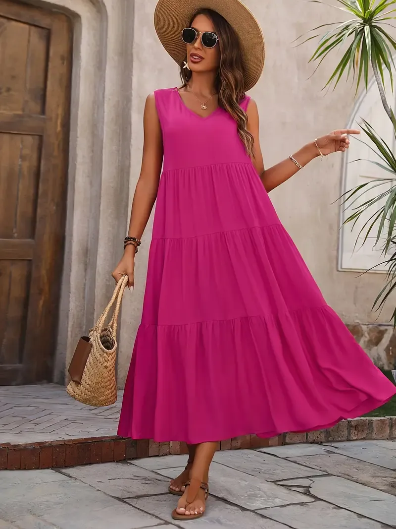 V-Neck Ruffle Hem Sleeveless Dress for Women, Casual Summer Dress for Spring