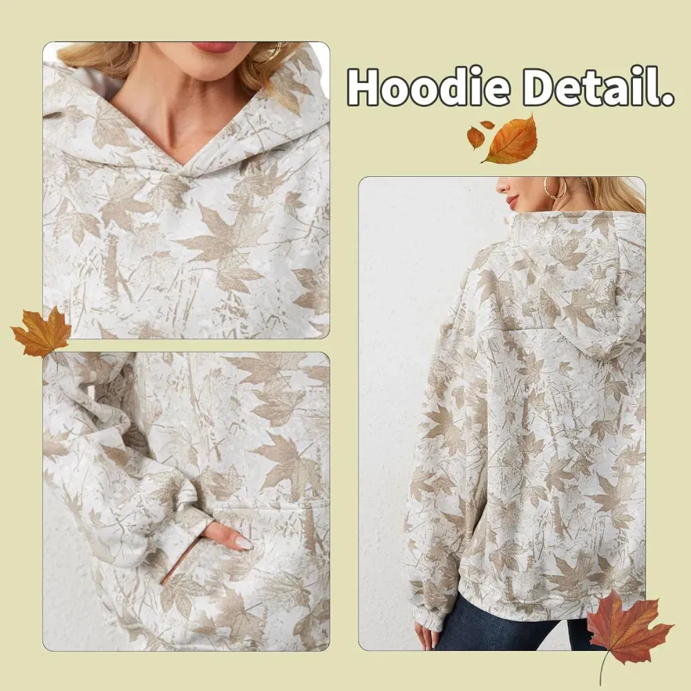 Womens Camo Hoodies Maple Leaf Print Oversized Hooded Sweatshirt Fleece Pullover Sweatshirts Long Sleeve with Pocket
