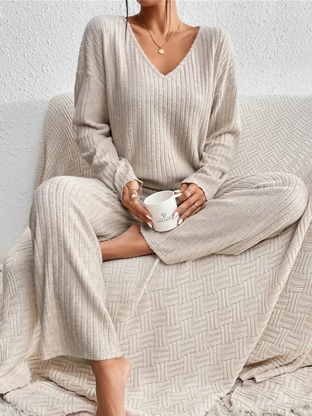 Women's Loungewear Sets Pure Color Casual Comfort Soft Home Daily Vacation Polyester Breathable V Wire Long Sleeve Sweater Pant Fall Winter Black Brown