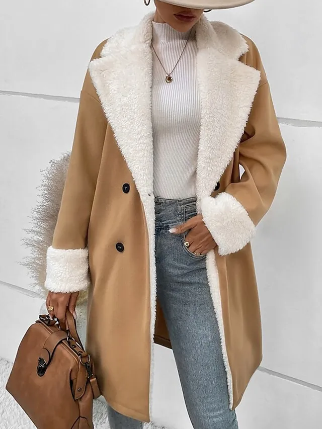 Women's Coat Warm Breathable Outdoor Casual Daily Wear Button Double Breasted Turndown Fashion Daily Modern Solid Color Regular Fit Outerwear Long Sleeve Fall Winter Khaki S M L XL 2XL