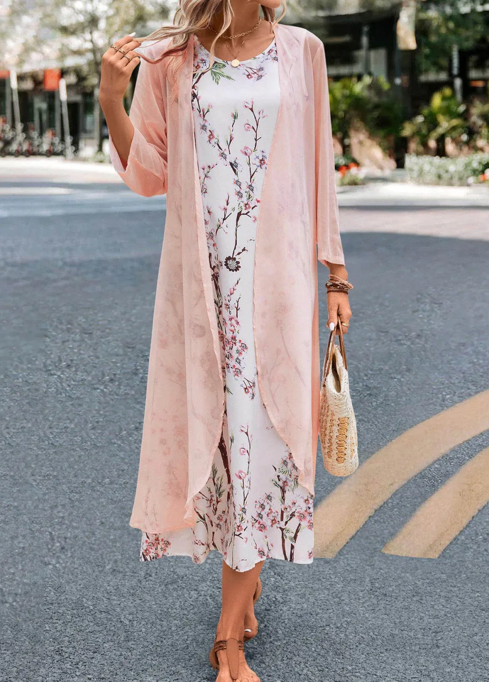Pink Two Piece Floral Print Maxi Dress and Cardigan