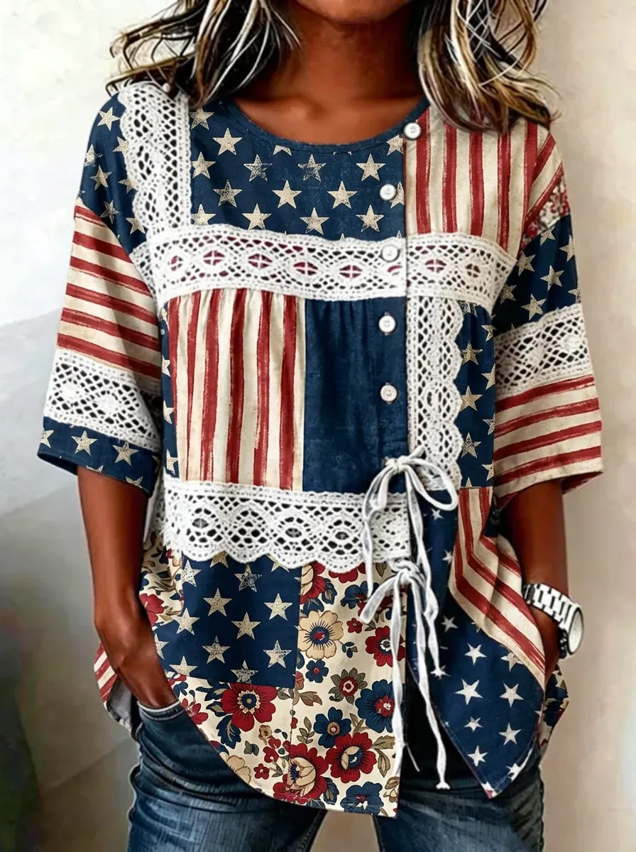Women's Nashville USA Flag Floral Lace Patchwork Printed Top