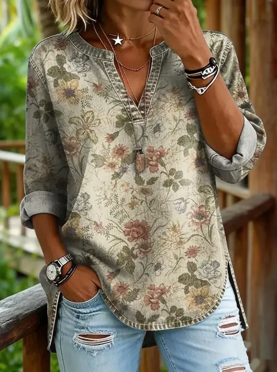 Women's Nashville Floral Vintage Printed V-Neck Top