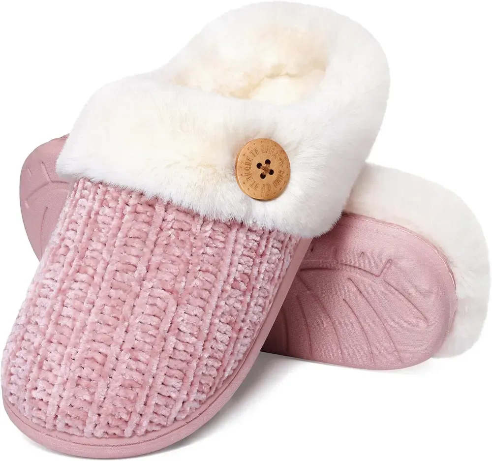 Warm Knit House Slippers for Women Comfy Wool-Like Lined Chenille Slippers with Memory Foam and Indoor Outdoor Soles