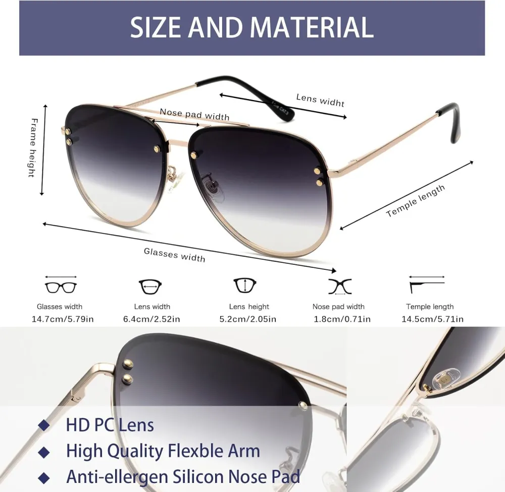 Premium Rimless Oversized Aviator Sunglasses for Women, Polarized PC Lens UV Protection Women’s Shade VF2203