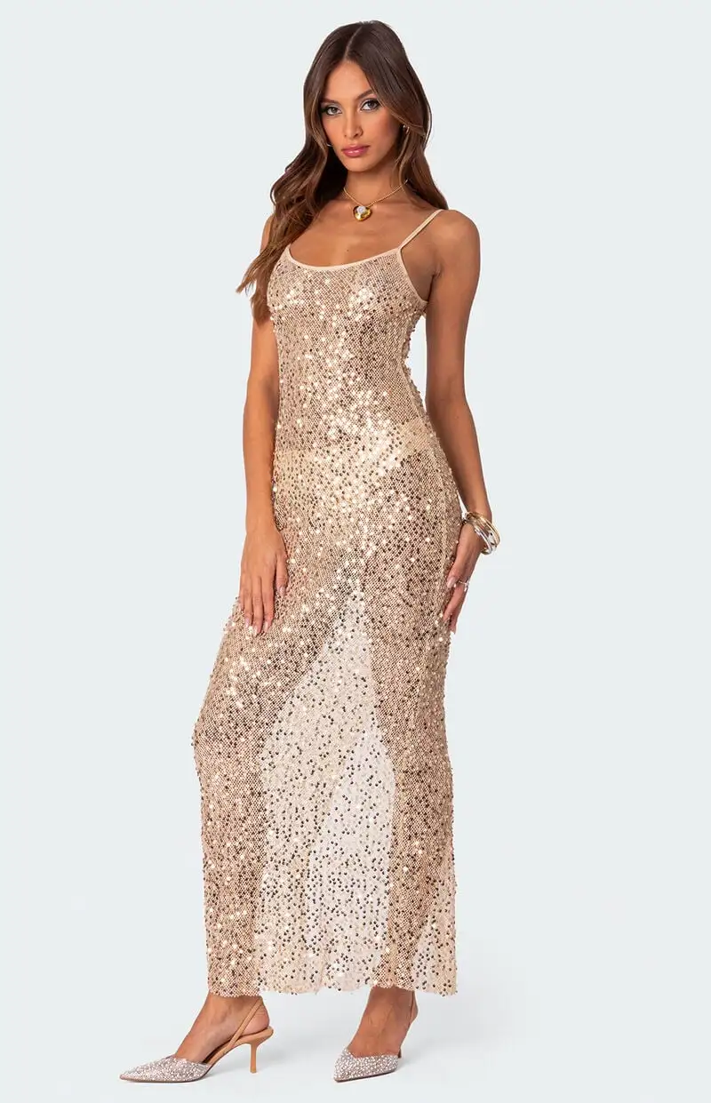 Edikted Sequin Sheer Mesh Maxi Dress