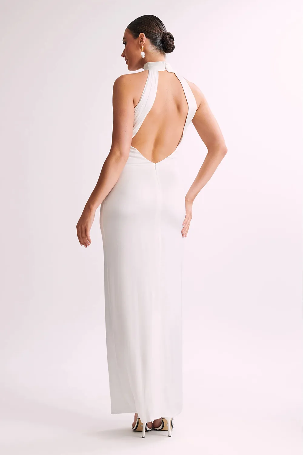 Satin Drape Back Maxi Dress with Split - Black