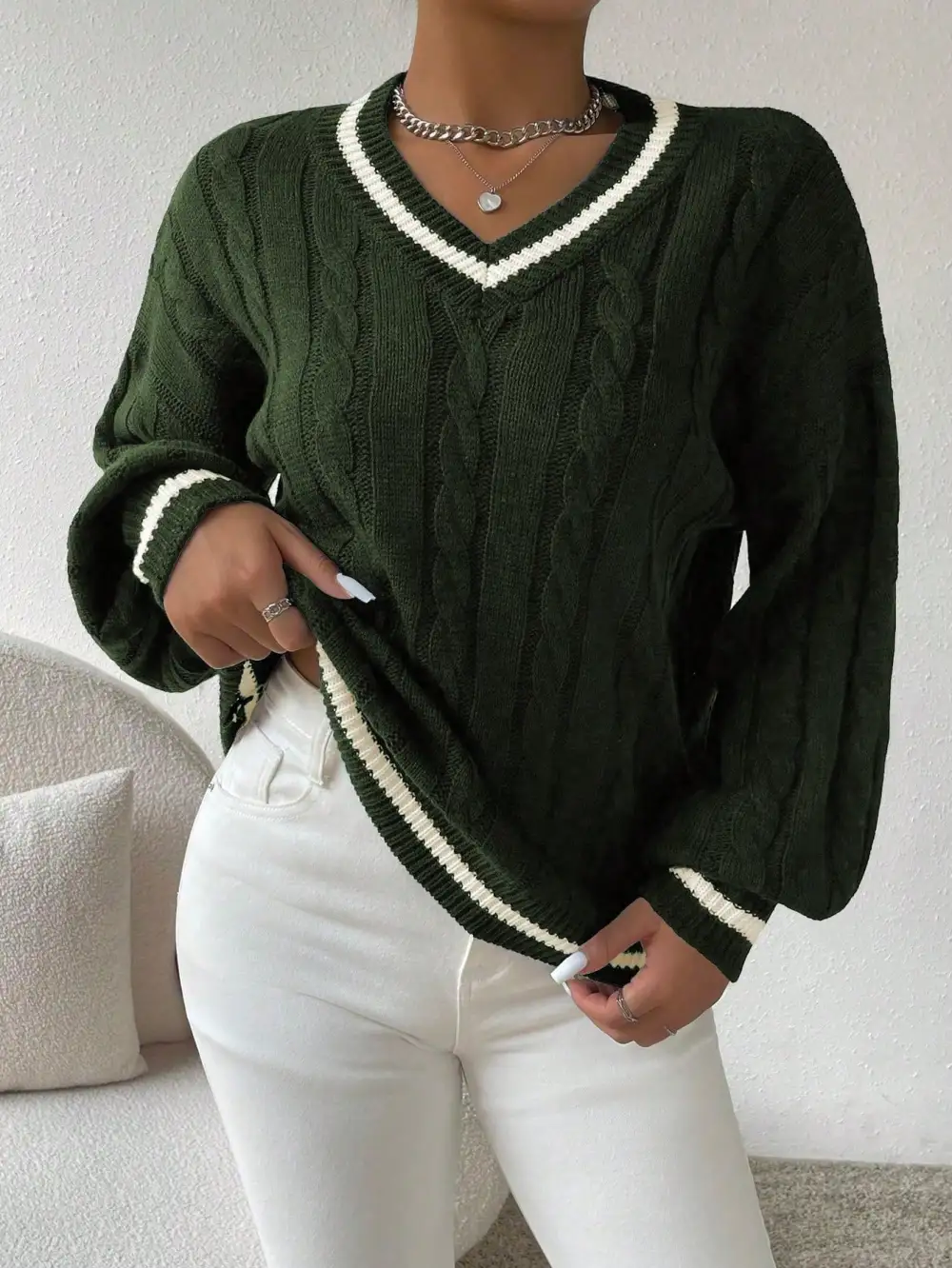 Sweater ribete de rayas tejido de cable de hombros caídos