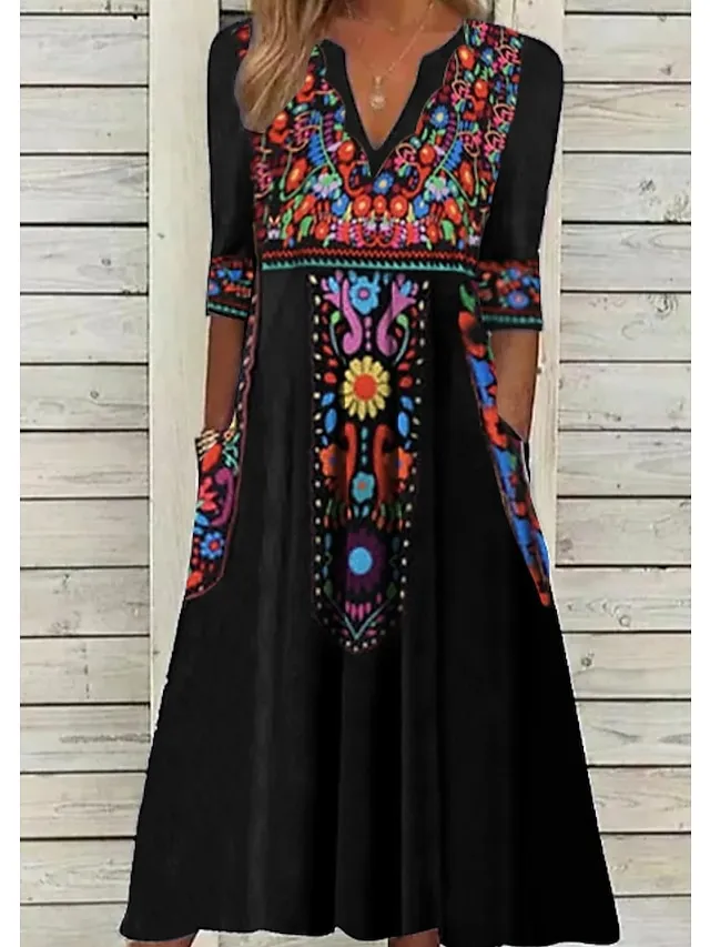 Women's Casual Dress Ethnic Dress Shift Dress Midi Dress Black Half Sleeve Floral Pocket Fall Spring Summer V Neck Vintage Birthday Daily Date 2023 S M L XL XXL 3XL