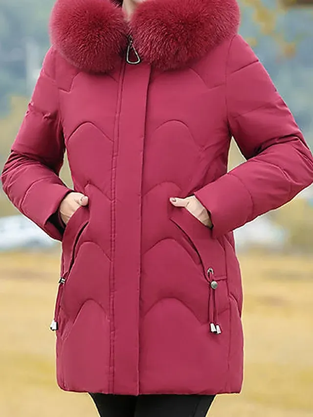 Women's Parka Warm Winter Coat Zipper Puffer Jacket with Removable Fur Collar Zipper Hoodie Heated Jacket Fashion Modern Casual Street Style Outerwear Long Sleeve Fall
