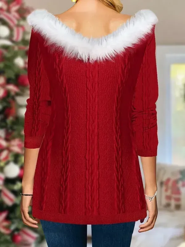 Women‘s Christmas Pullover Sweater Jumper V Neck Crochet Knit Asymmetric Hem Fall Winter Regular Xmas Weekend Stylish Vintage Style Long Sleeve Solid Color Black Wine S M L