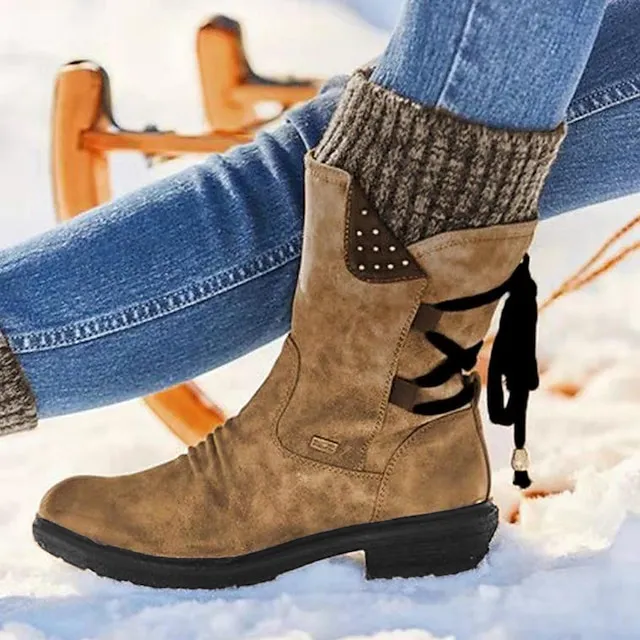 Women's Boots Snow Boots Sweater Boots Plus Size Outdoor Daily Mid Calf Boots Winter Lace-up Flat Heel Round Toe Casual Faux Leather Zipper Black Red Blue
