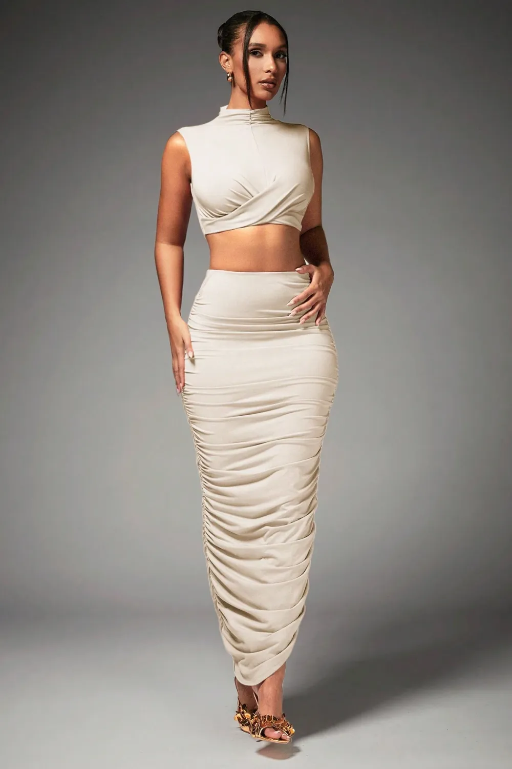 BAE Women's Mock Neck Pleated Crop Top And Skirt Set
