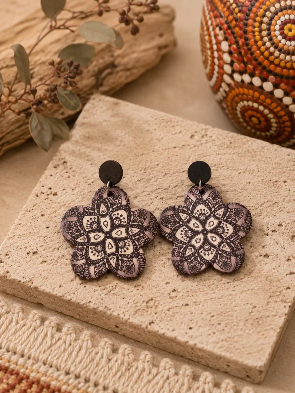 Indigenous Style Wooden Retro Art Geometric Printed Earrings