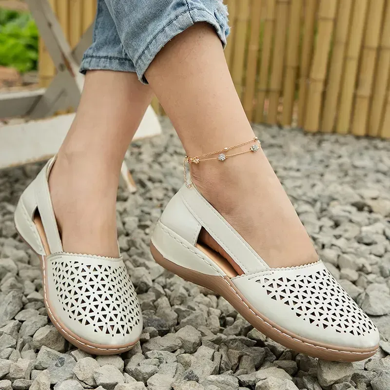 Women's Hollow Out Flat Sandals, Solid Color Cut-out Closed Toe Slip On Shoes, Casual Faux Leather Shoes