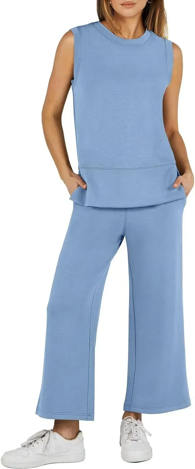 Women Summer Casual Crew Neck Sleeveless Two Piece Suit