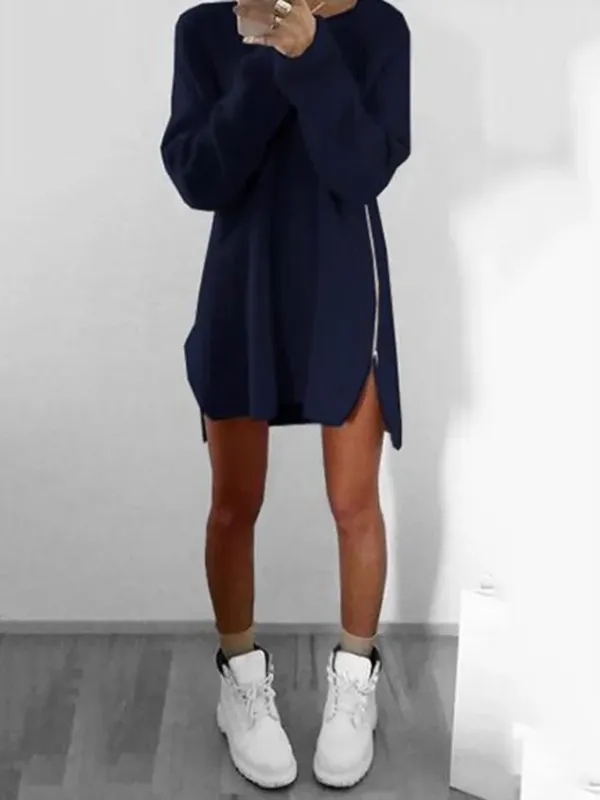 Women Fluffy Zipper Long Sleeve Casual Plus Size Sweater Dress