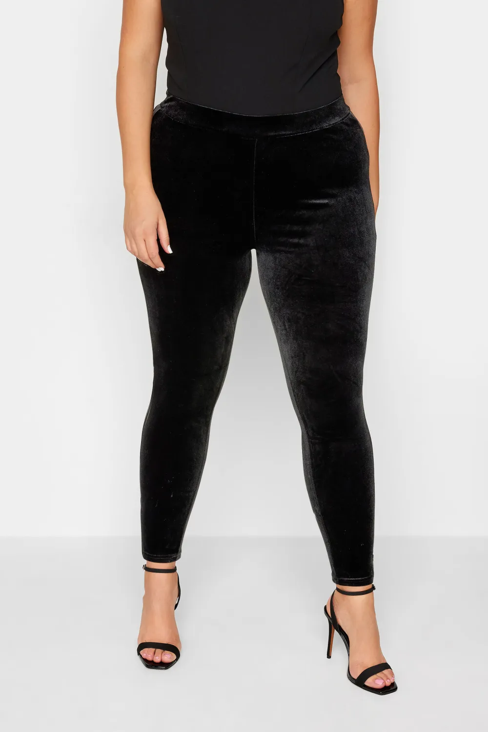 YOURS Curve Black Stretch Velvet Contrast Stripe Leggings