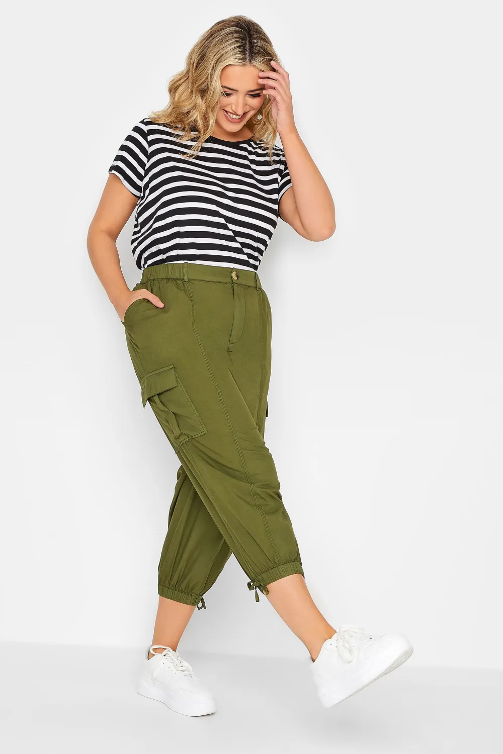 YOURS Curve Khaki Green Cropped Cargo Trousers