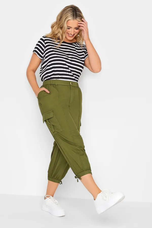 YOURS Curve Khaki Green Cropped Cargo Trousers