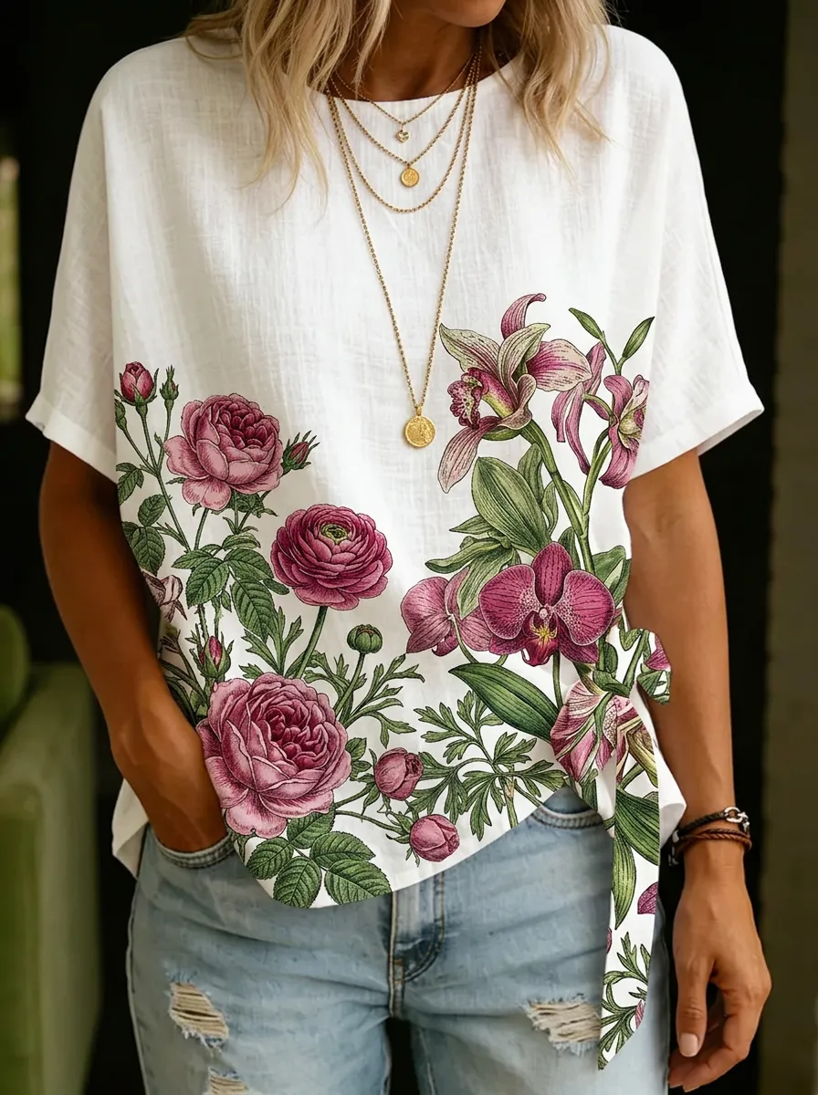 Women's Nashville Floral Rose Orchid Printed Tie-Side Top