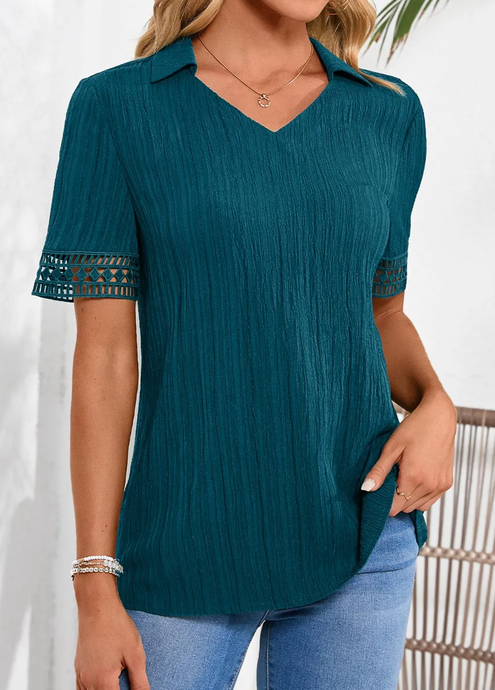 Peacock Blue Lace Short Sleeve Shirt Collar Blouse