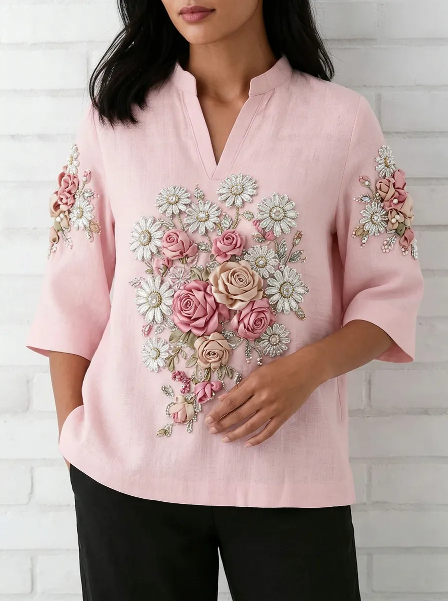 Women's Nashville Floral 3D Rose Daisy Embroidered Printed Top