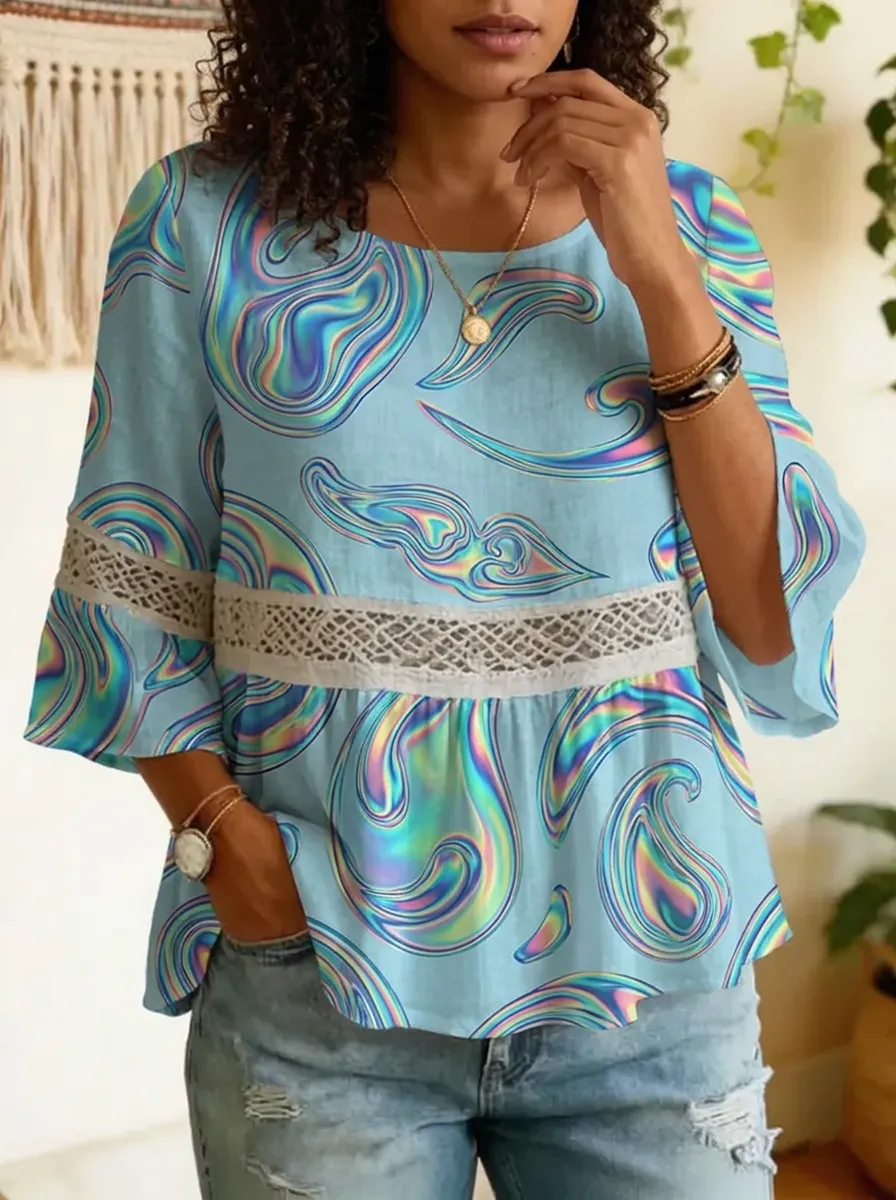 Women's Nashville Music City Holographic Paisley Printed Lace Trim Top