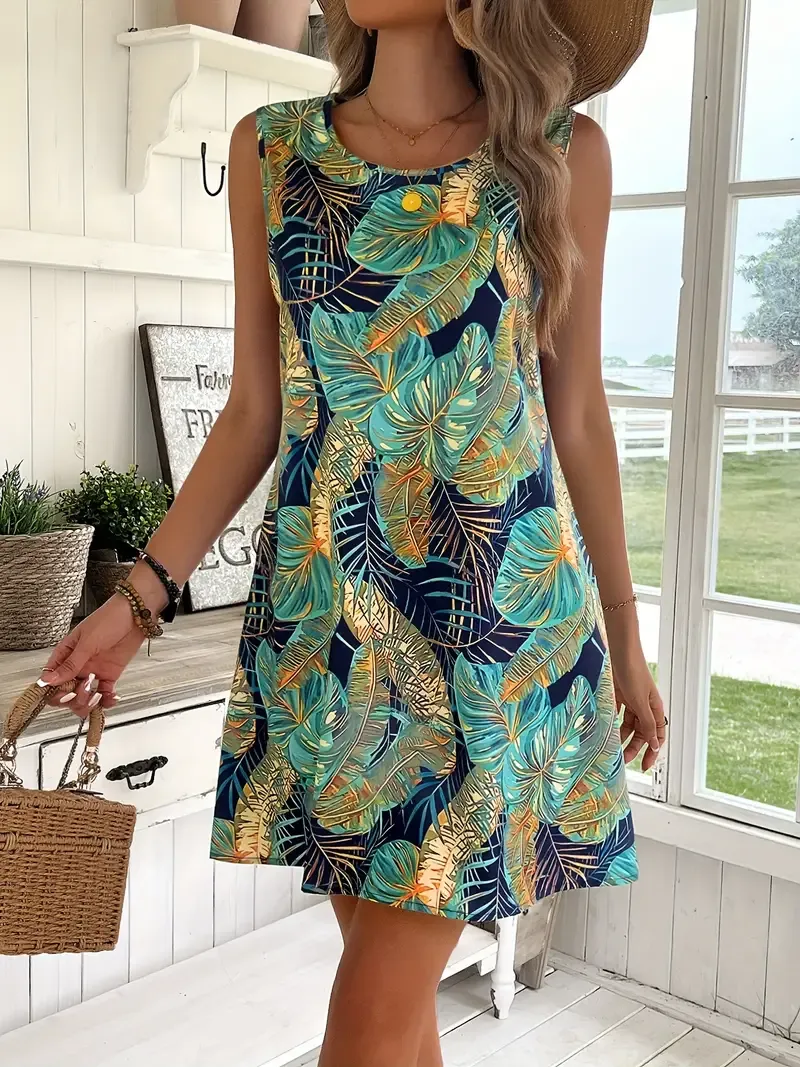 Tropical Leaf Print Sleeveless Tank Dress, Elegant Crew Neck A-line Tank Dress For Spring & Summer, Women's Clothing