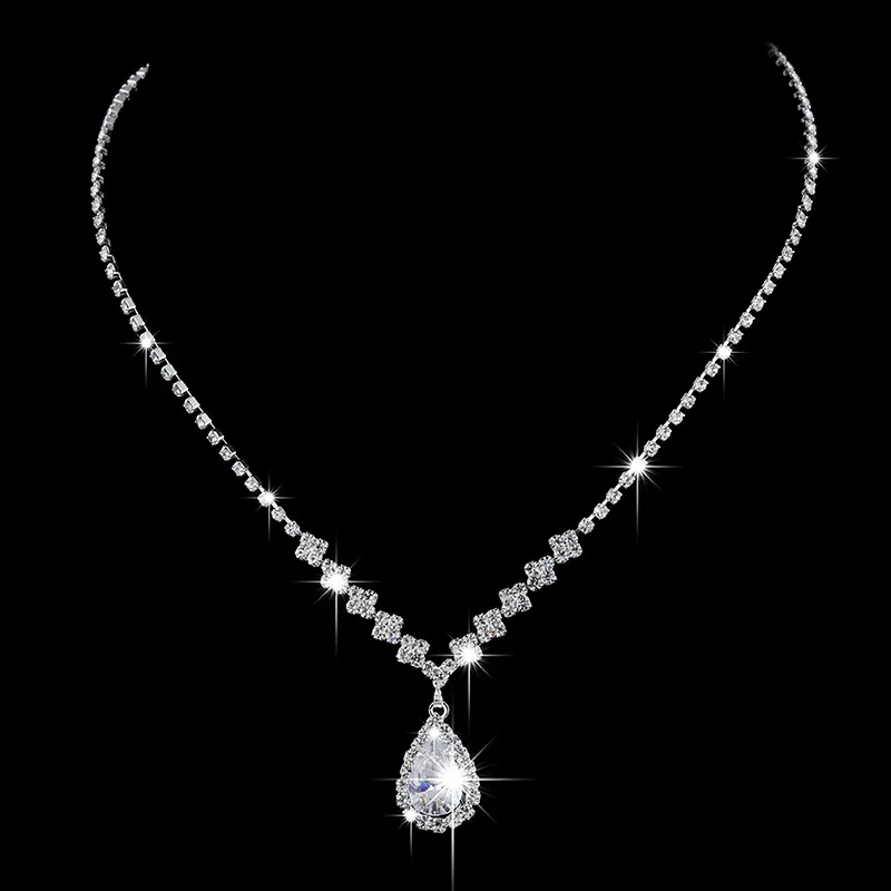 Brilliant Full Diamond Zircon Drop Necklace and Earrings Set