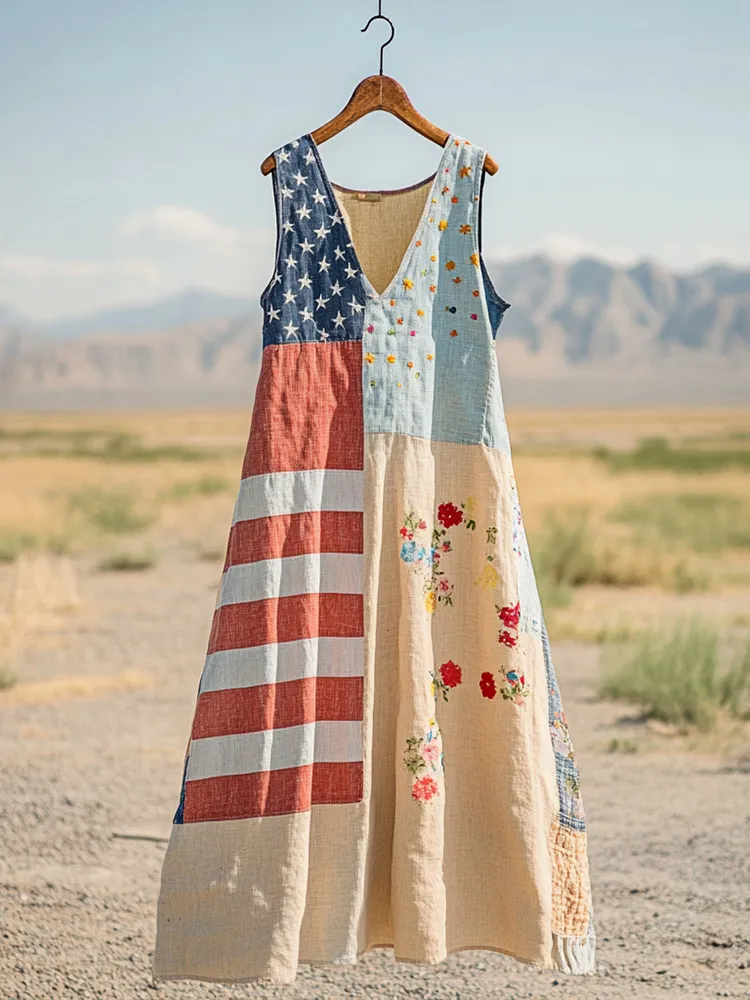 Women's Independence Day Flag Print Cotton And Linen Dress
