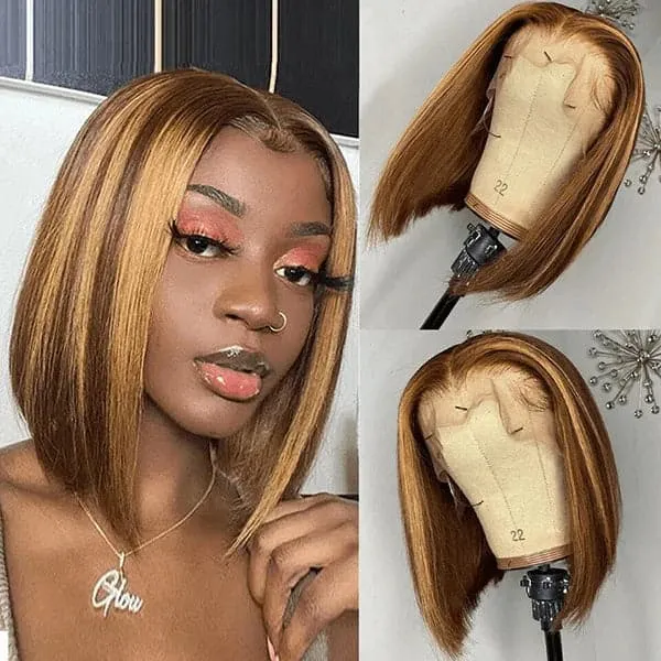 HD Transparent Highlight Bob Wigs Human Hair Sterly P4/27 Straight 7×6/13×6 Lace Front Bob Wigs