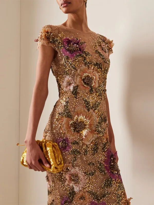 Round Neck Sequined Print Sheath Maxi Dress