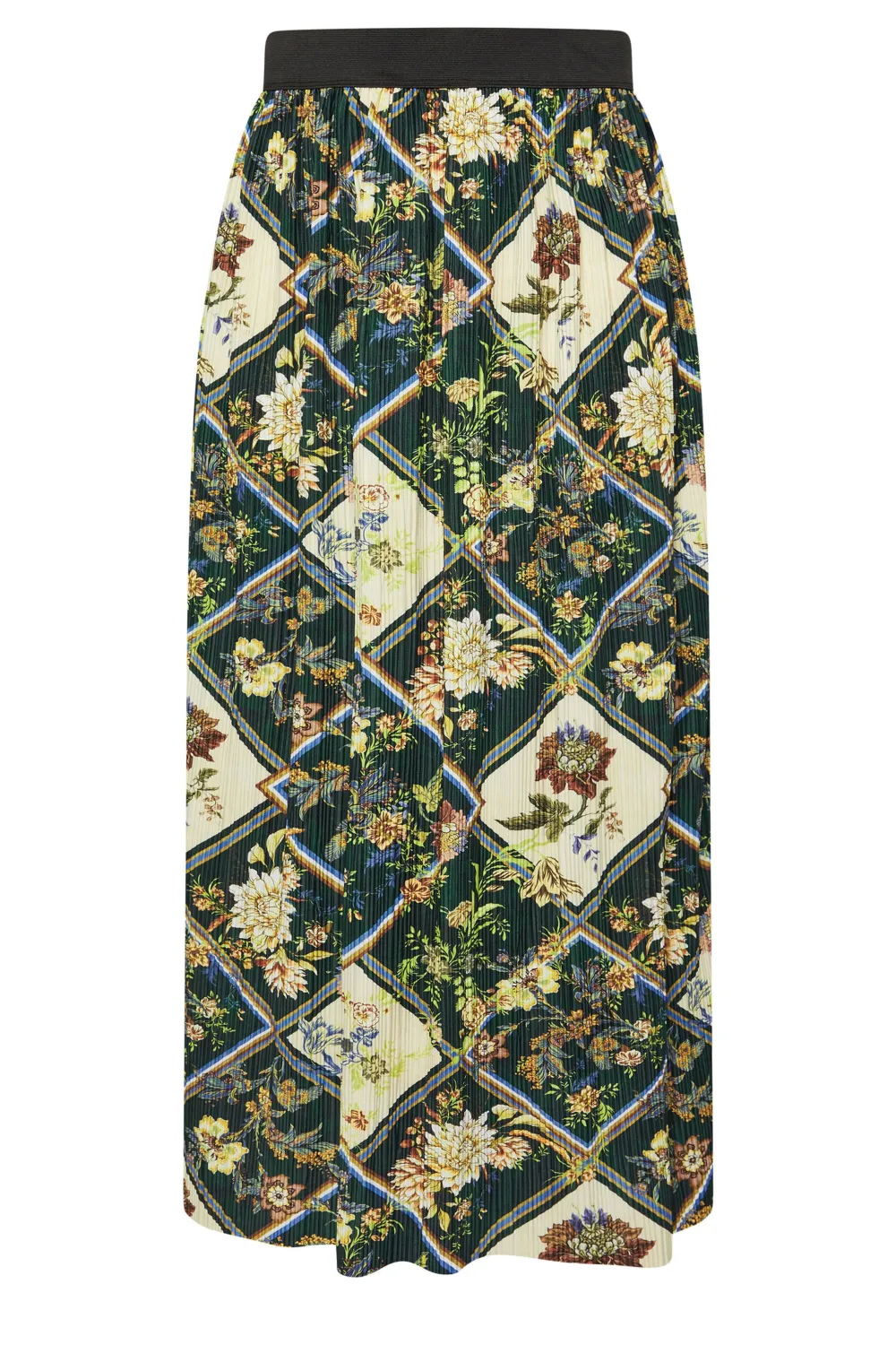 YOURS Curve Green Geometric Floral Print Pleated Skirt