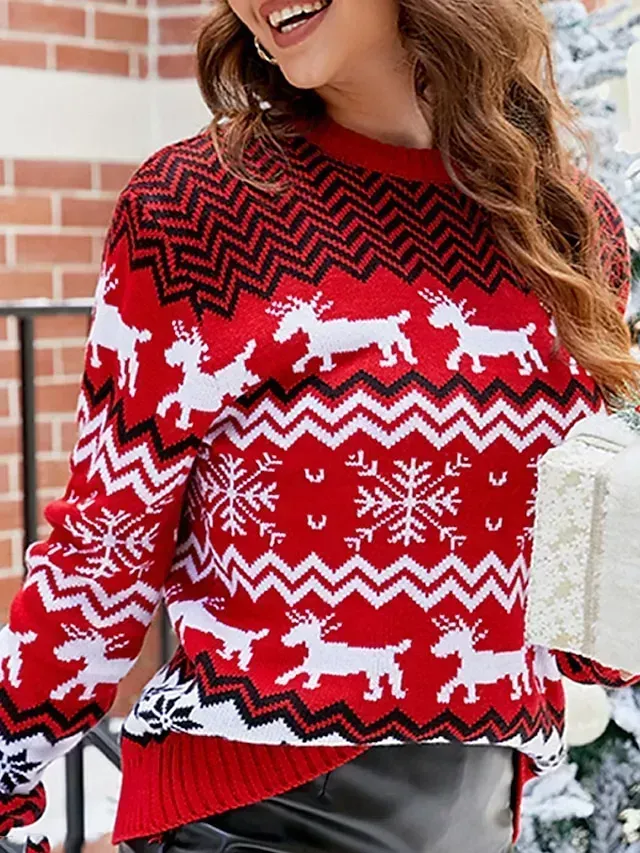 Women's Ugly Christmas Sweater Pullover Sweater Jumper Crew Neck Ribbed Knit Acrylic Tassel Fall Winter Regular Daily Going out Xmas Stylish Casual Soft Long Sleeve Elk Snowflake White Red S M L