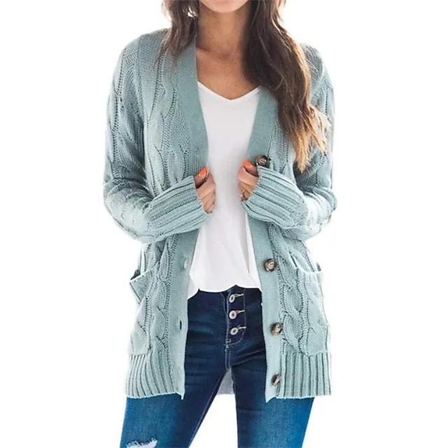 Women's Cardigan Pocket Knitted Button Solid Color Casual Chunky Long Sleeve Regular Fit Sweater Cardigans Open Front Fall Winter Dark powder Blue Army Green