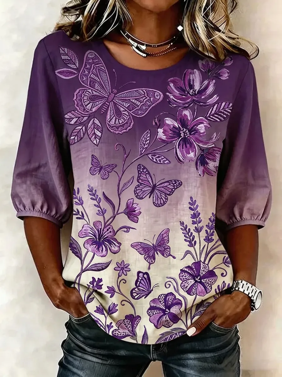 Women's Nashville Butterfly Floral Printed Puff Sleeve Top