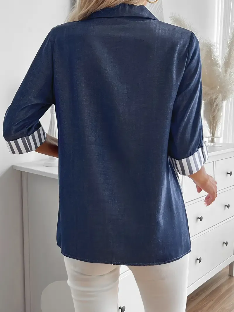 Stripe Print 3/4 Sleeve Pocket Blouse for Women, Casual Spring Summer Top