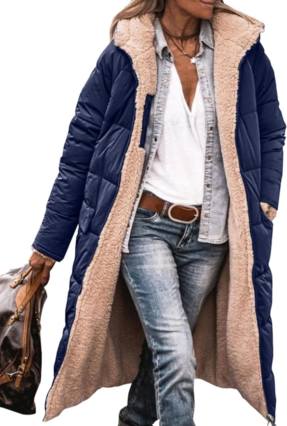 Women's 2023 Warm Winter Coats Reversible Sherpa Fleece Long Hooded Puffer Jackets Outerwear