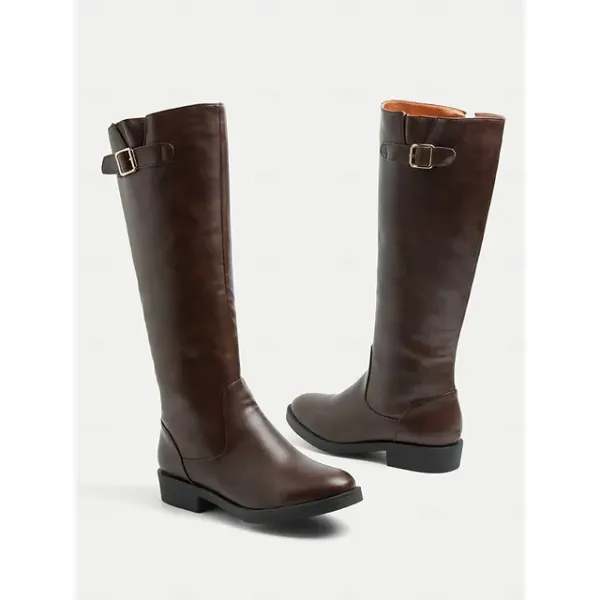 Elegant Women's Brown Leather Riding Boots with Side Zipper and Buckle Detail, Perfect for Equestrian and Casual Outfits