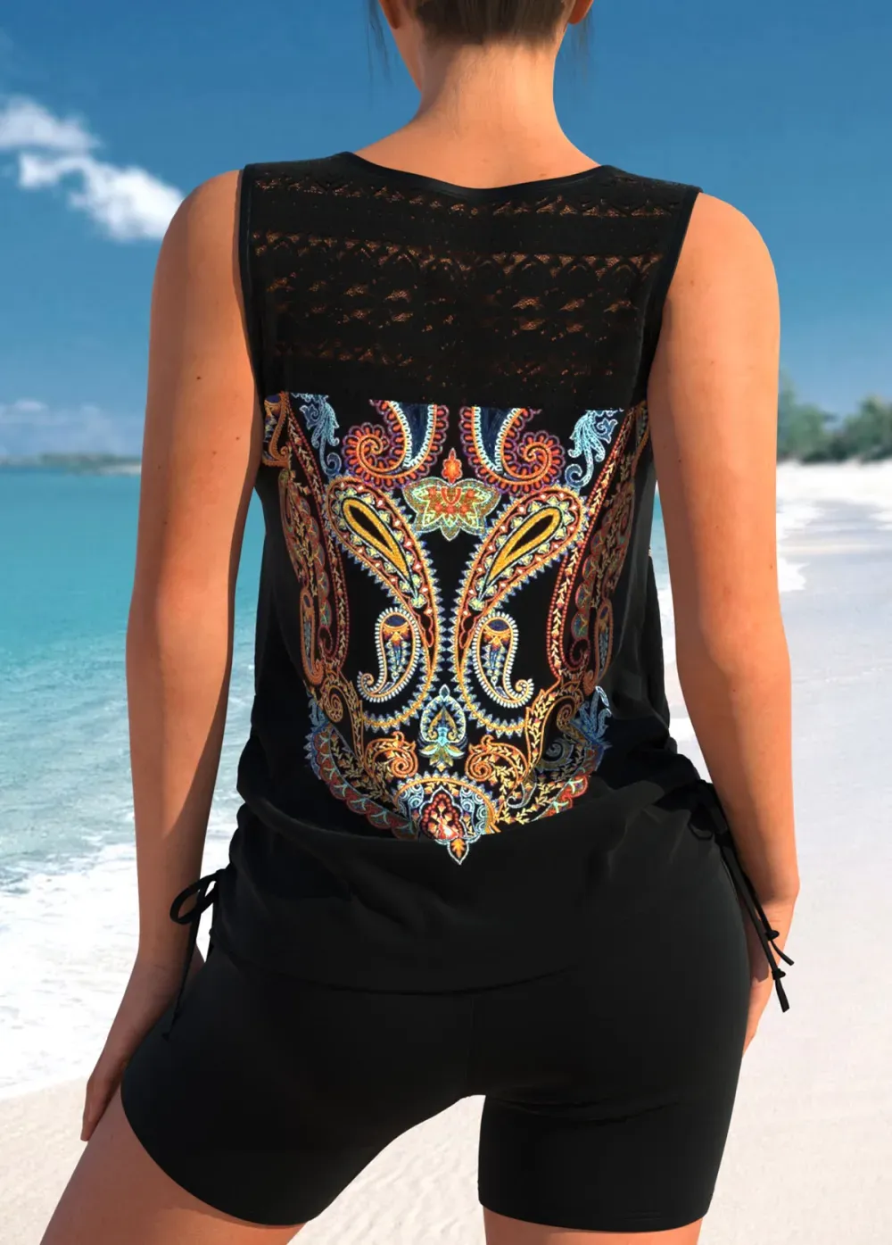 Floral Print Black Cross Strap Tankini Set
