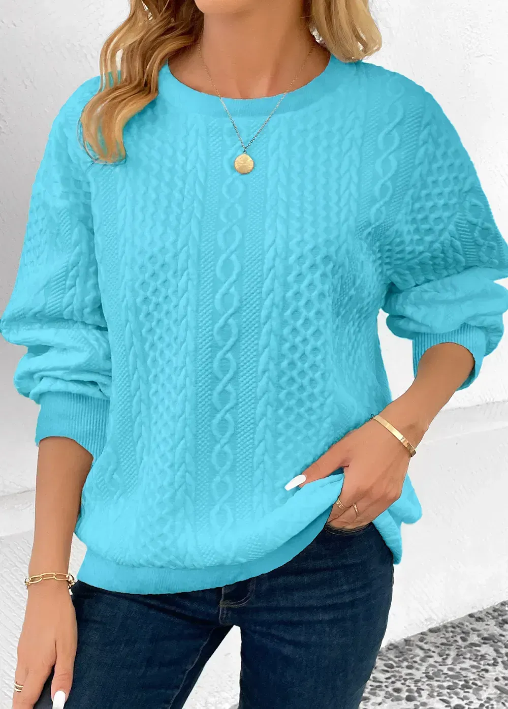 Light Blue Patchwork Long Sleeve Round Neck Sweatshirt