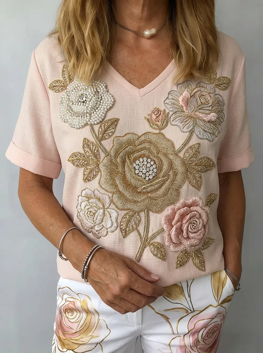 Women's Nashville Floral Pearl Embroidered V-neck Top