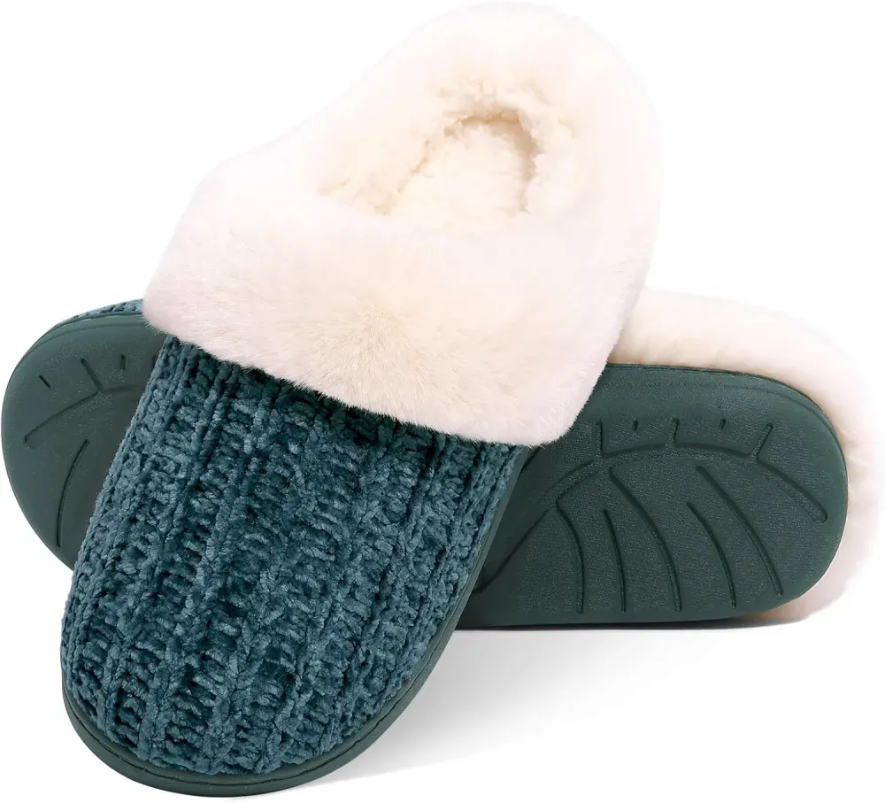 Warm Knit House Slippers for Women Comfy Wool-Like Lined Chenille Slippers with Memory Foam and Indoor Outdoor Soles