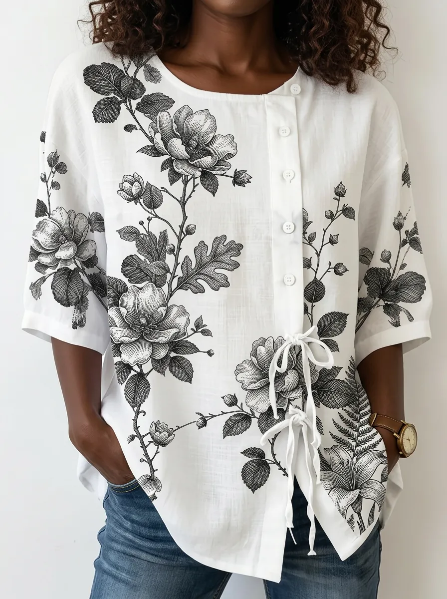 Women's Nashville Floral Botanical Printed Button-Down Shirt